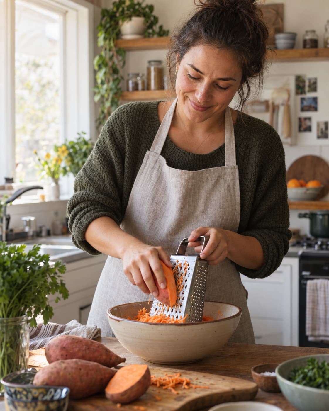 The founder of Bon Gou Foods hand-grating batata in her kitchen