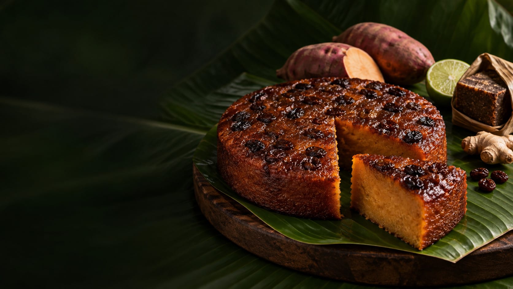 A Bon Gou Pen Patat on a banana leaf with one slice cut, beside sweet potatoes, lime, ginger and a block of Rapadou